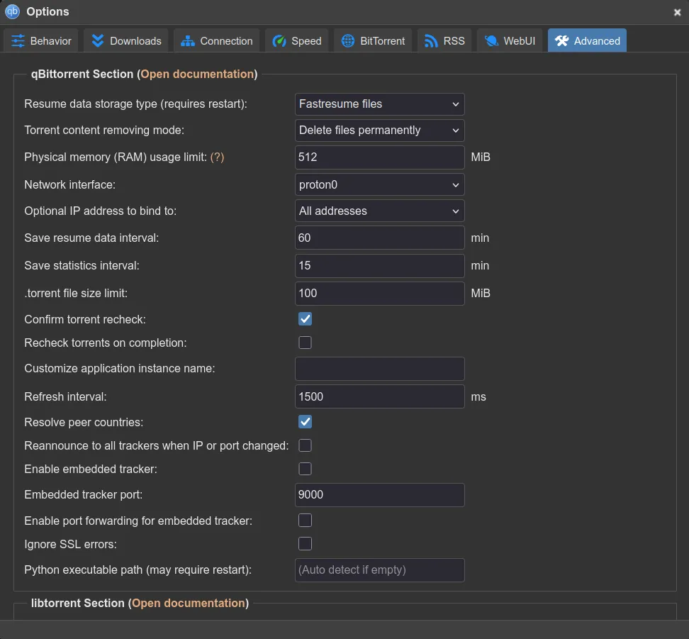 qBittorrent WebUI options window with proton0 network interface binding