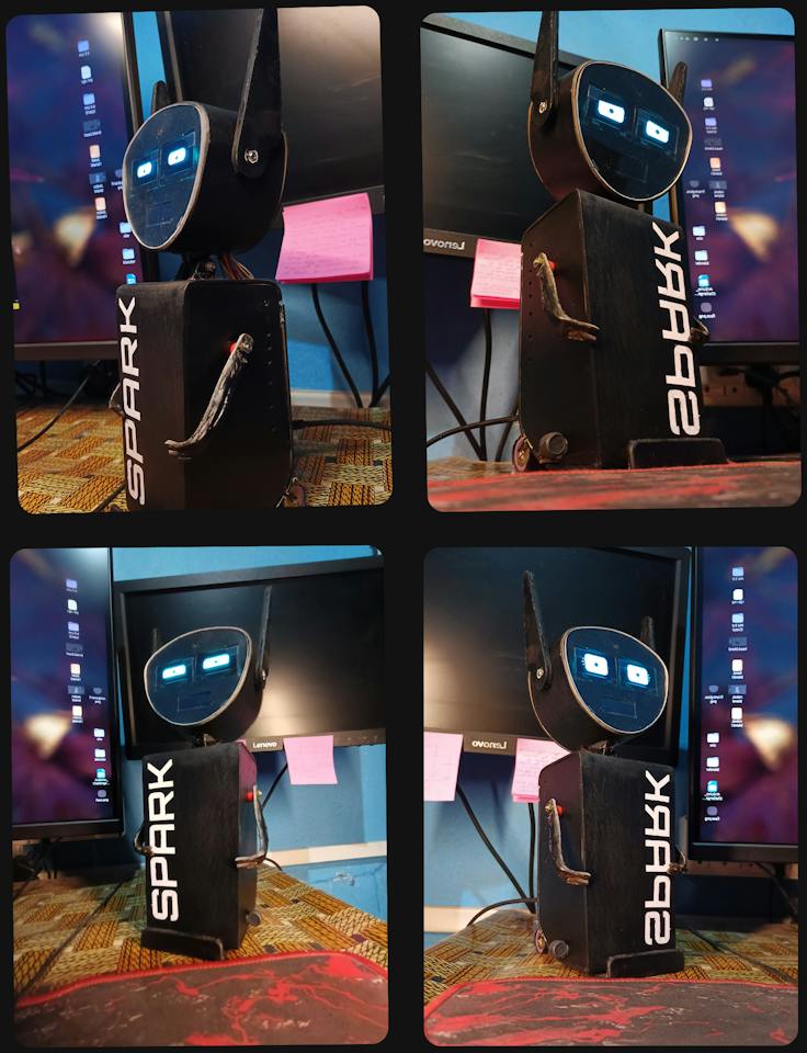 Spark robot 4 views on desk - OLED eyes and SPARK body