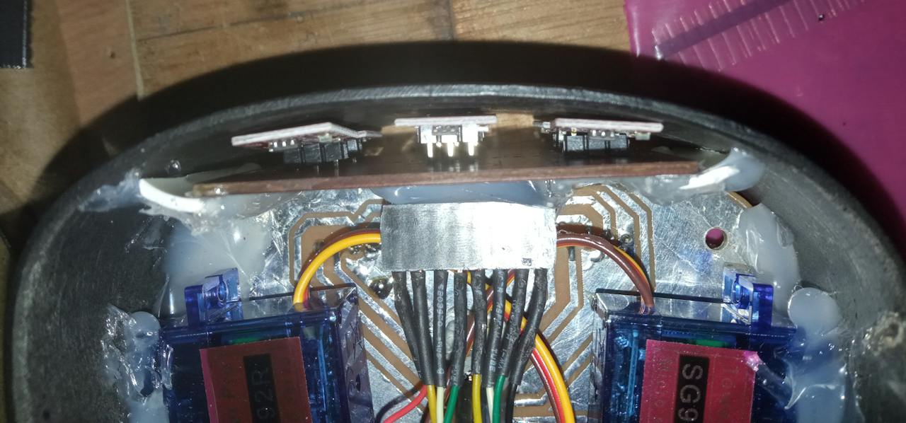 Spark head internal wiring - SG92R ear servos and TTP223 touch PCB assembly